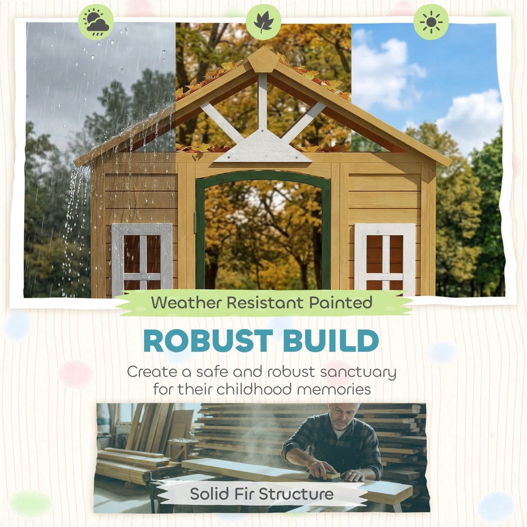 AIYAPLAY Outdoor Kids Playhouse, Wooden Wendy House with Door, 3 Windows, 2 Flower Boxes for Garden, Indoor Playroom - SGP Garden Ltd