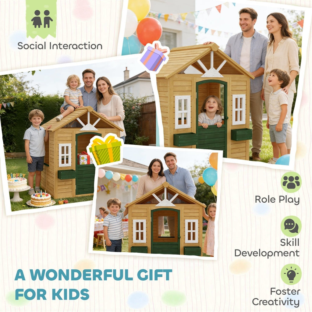 AIYAPLAY Outdoor Kids Playhouse, Wooden Wendy House with Door, 3 Windows, 2 Flower Boxes for Garden, Indoor Playroom - SGP Garden Ltd