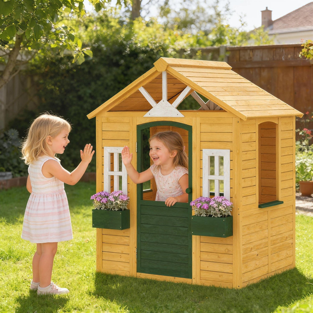 AIYAPLAY Outdoor Kids Playhouse, Wooden Wendy House with Door, 3 Windows, 2 Flower Boxes for Garden, Indoor Playroom - SGP Garden Ltd