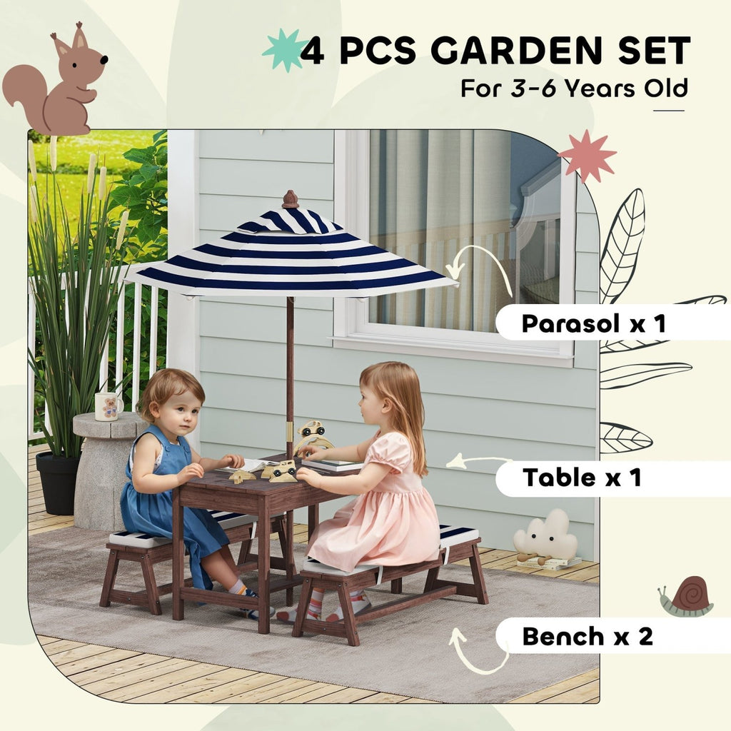 AIYAPLAY Outdoor Wooden Kids Picnic Table & Bench Set with Cushions and Umbrella, for Patio, Garden, Navy Blue - SGP Garden Ltd