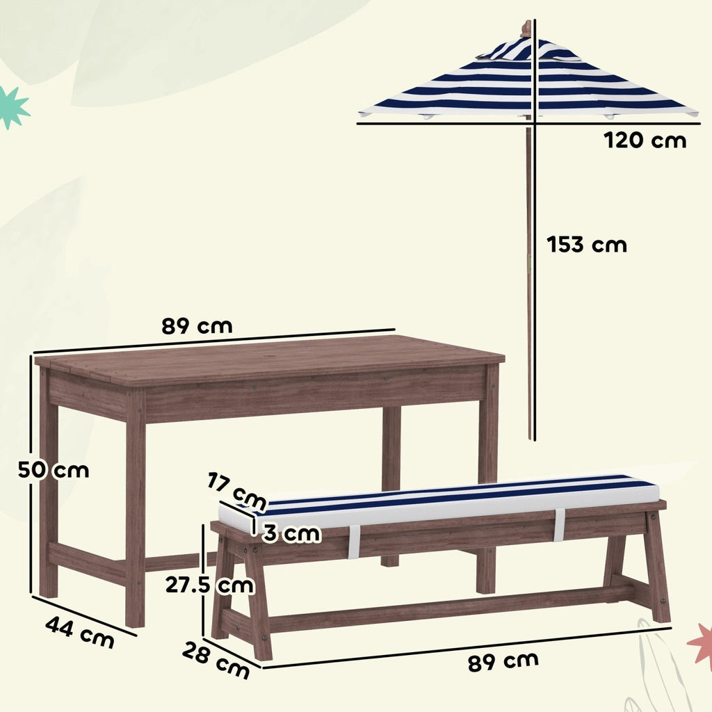 AIYAPLAY Outdoor Wooden Kids Picnic Table & Bench Set with Cushions and Umbrella, for Patio, Garden, Navy Blue - SGP Garden Ltd