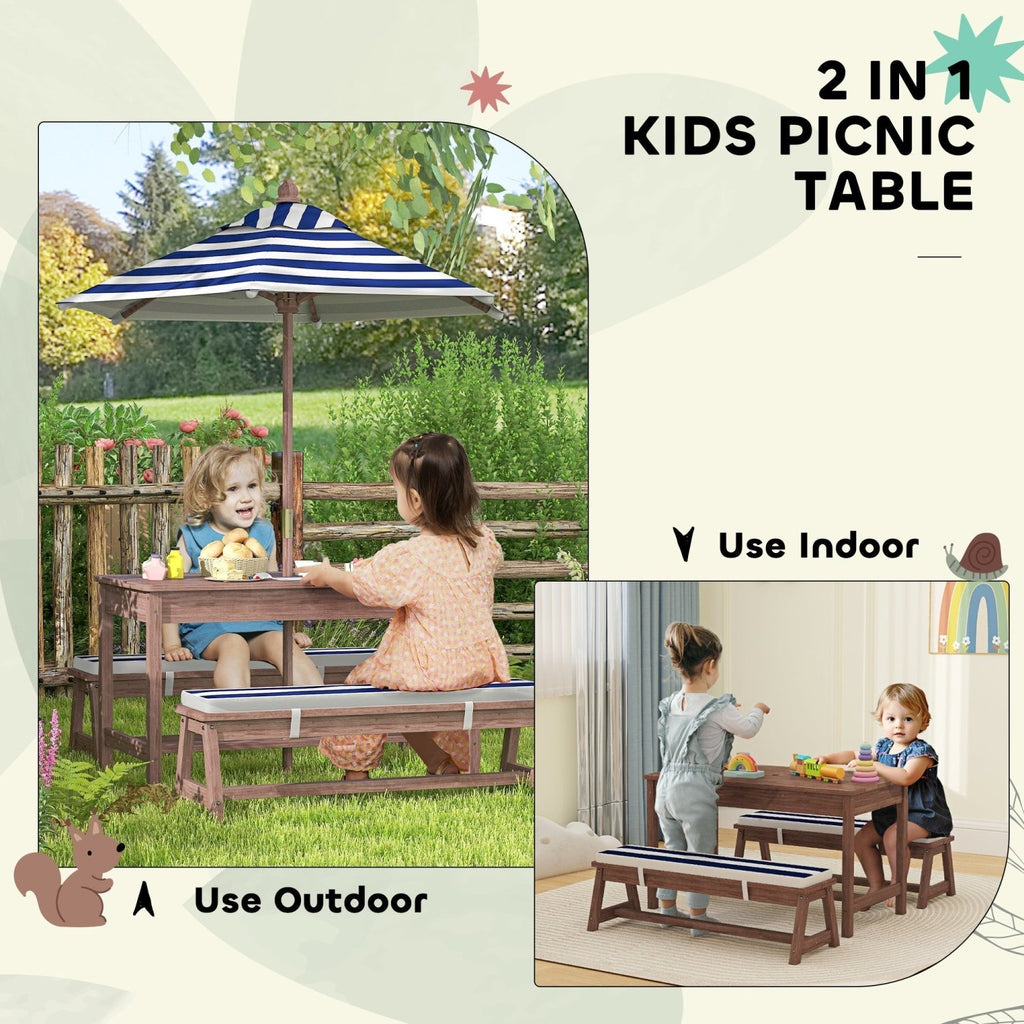 AIYAPLAY Outdoor Wooden Kids Picnic Table & Bench Set with Cushions and Umbrella, for Patio, Garden, Navy Blue - SGP Garden Ltd