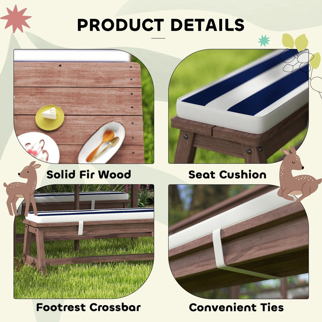 AIYAPLAY Outdoor Wooden Kids Picnic Table & Bench Set with Cushions and Umbrella, for Patio, Garden, Navy Blue - SGP Garden Ltd
