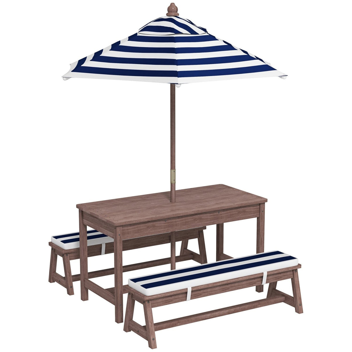 AIYAPLAY Outdoor Wooden Kids Picnic Table & Bench Set with Cushions and Umbrella, for Patio, Garden, Navy Blue - SGP Garden Ltd