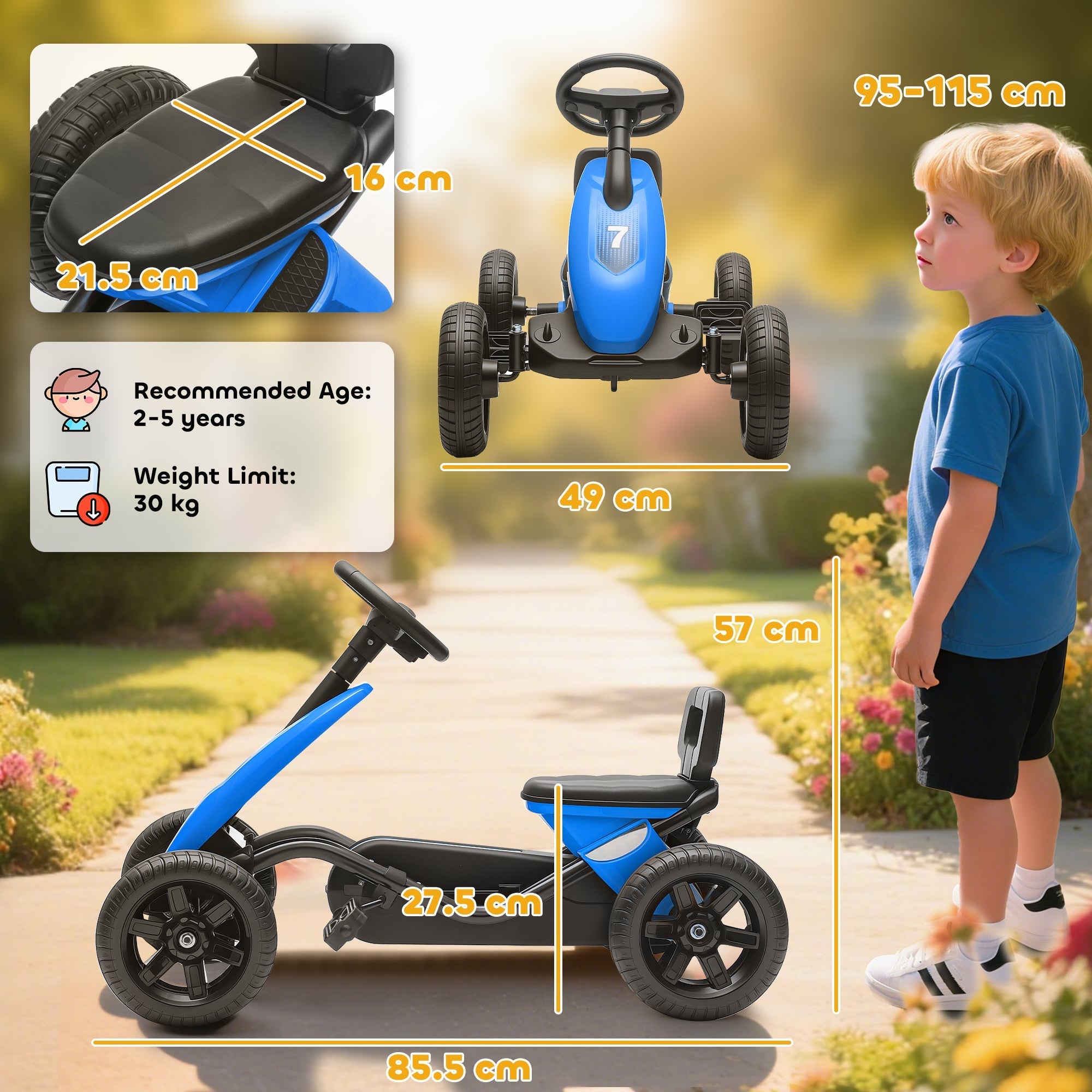 AIYAPLAY Pedal Go Kart for Kids 2-5 Years, with Silent EVA Wheels, Metal Frame, Blue - SGP Garden Ltd