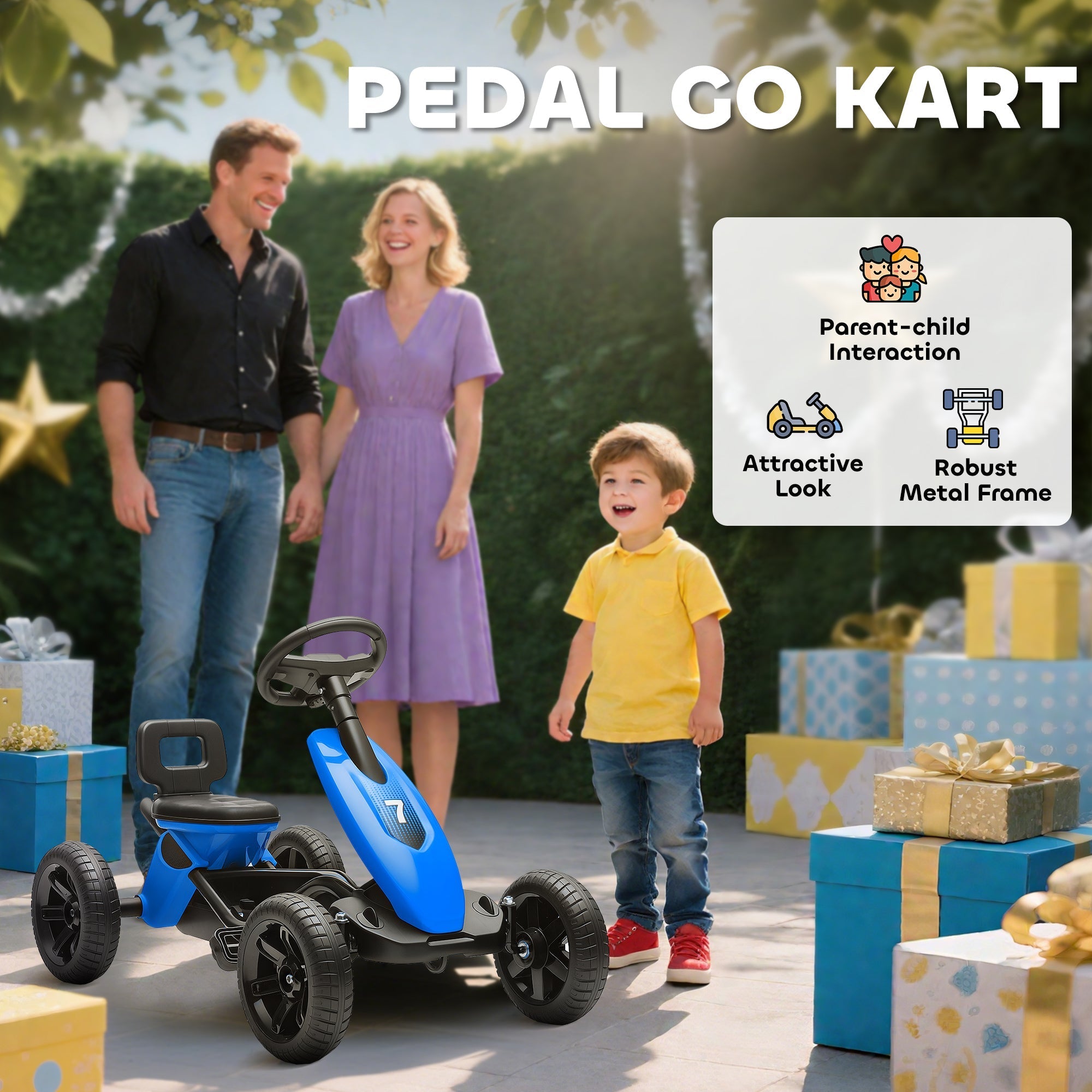 AIYAPLAY Pedal Go Kart for Kids 2-5 Years, with Silent EVA Wheels, Metal Frame, Blue - SGP Garden Ltd