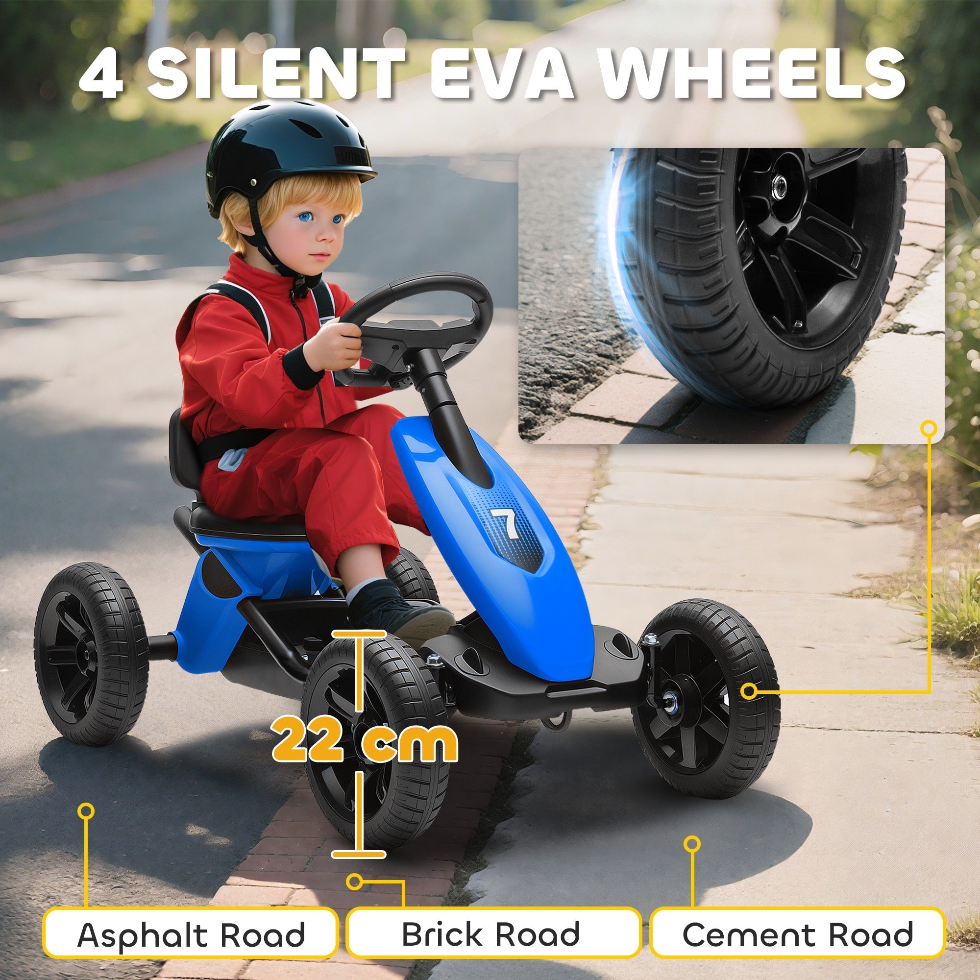 AIYAPLAY Pedal Go Kart for Kids 2-5 Years, with Silent EVA Wheels, Metal Frame, Blue - SGP Garden Ltd