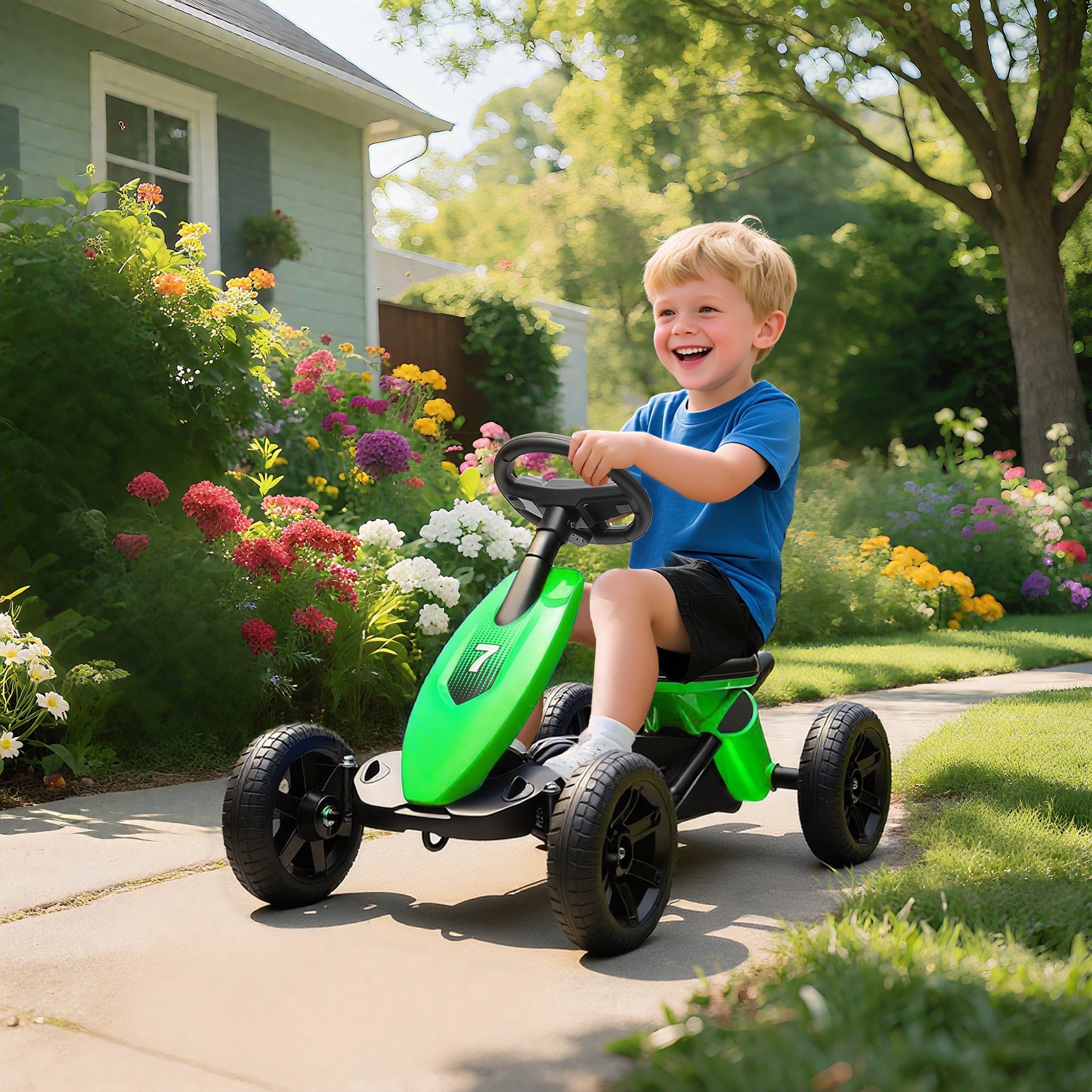 AIYAPLAY Pedal Go Kart for Kids 2-5 Years, with Silent EVA Wheels, Metal Frame, Green - SGP Garden Ltd