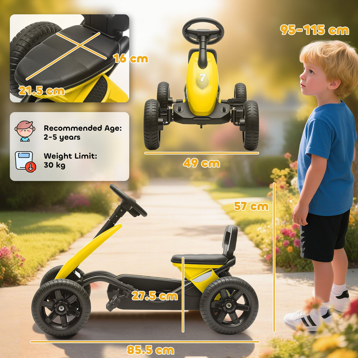 AIYAPLAY Pedal Go Kart for Kids 2-5 Years, with Silent EVA Wheels, Metal Frame, Yellow - SGP Garden Ltd