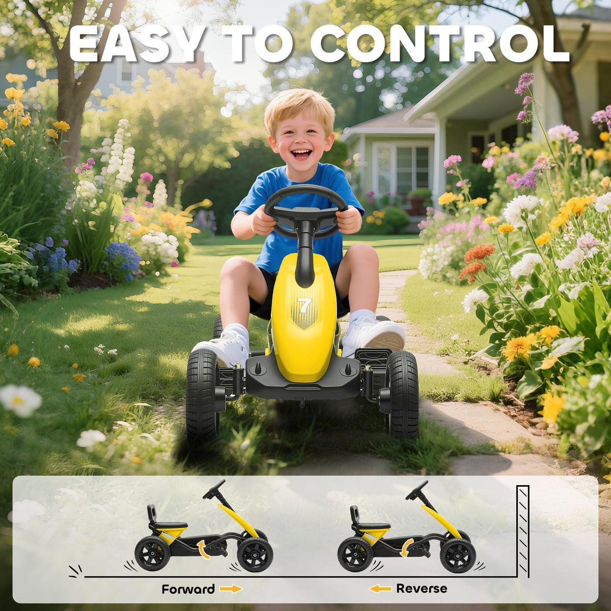 AIYAPLAY Pedal Go Kart for Kids 2-5 Years, with Silent EVA Wheels, Metal Frame, Yellow - SGP Garden Ltd