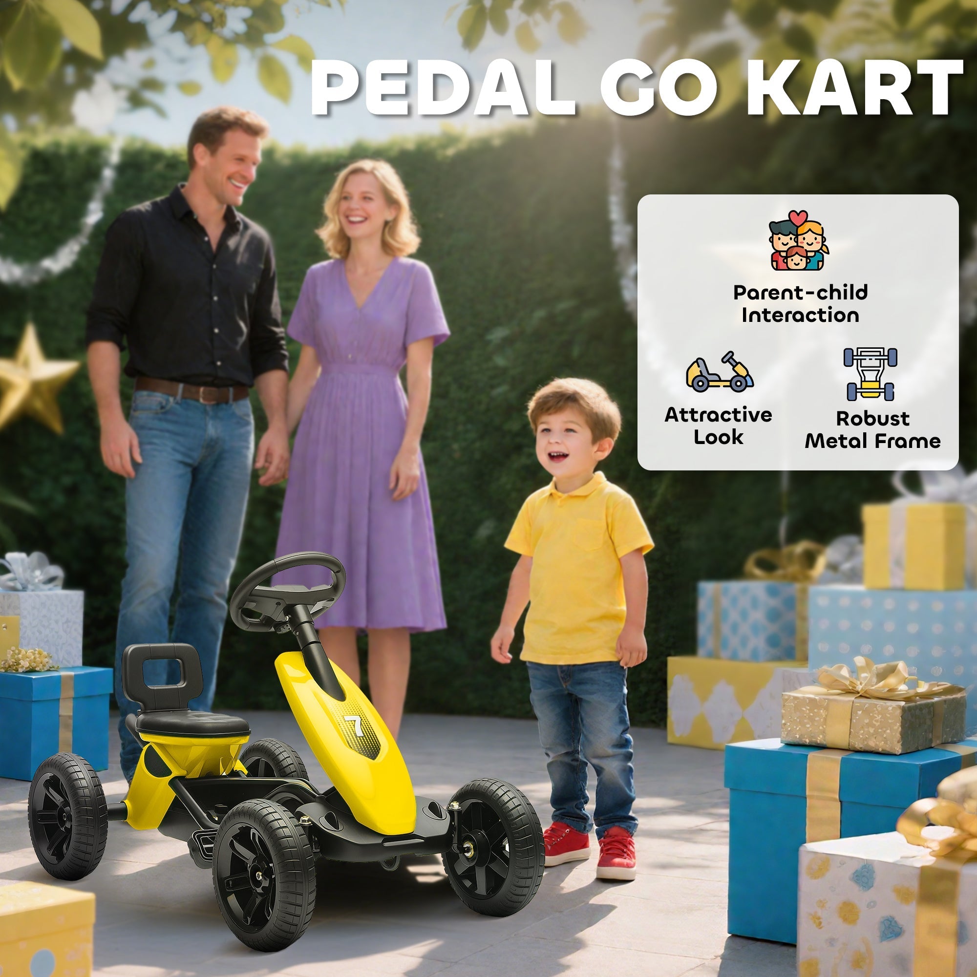AIYAPLAY Pedal Go Kart for Kids 2-5 Years, with Silent EVA Wheels, Metal Frame, Yellow - SGP Garden Ltd