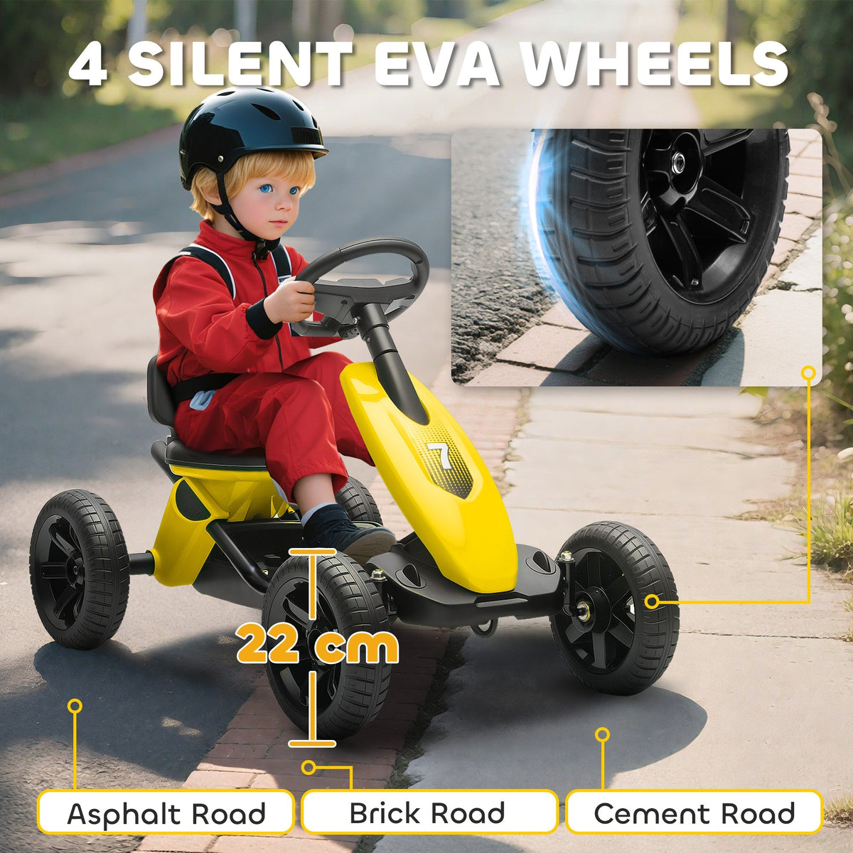 AIYAPLAY Pedal Go Kart for Kids 2-5 Years, with Silent EVA Wheels, Metal Frame, Yellow - SGP Garden Ltd