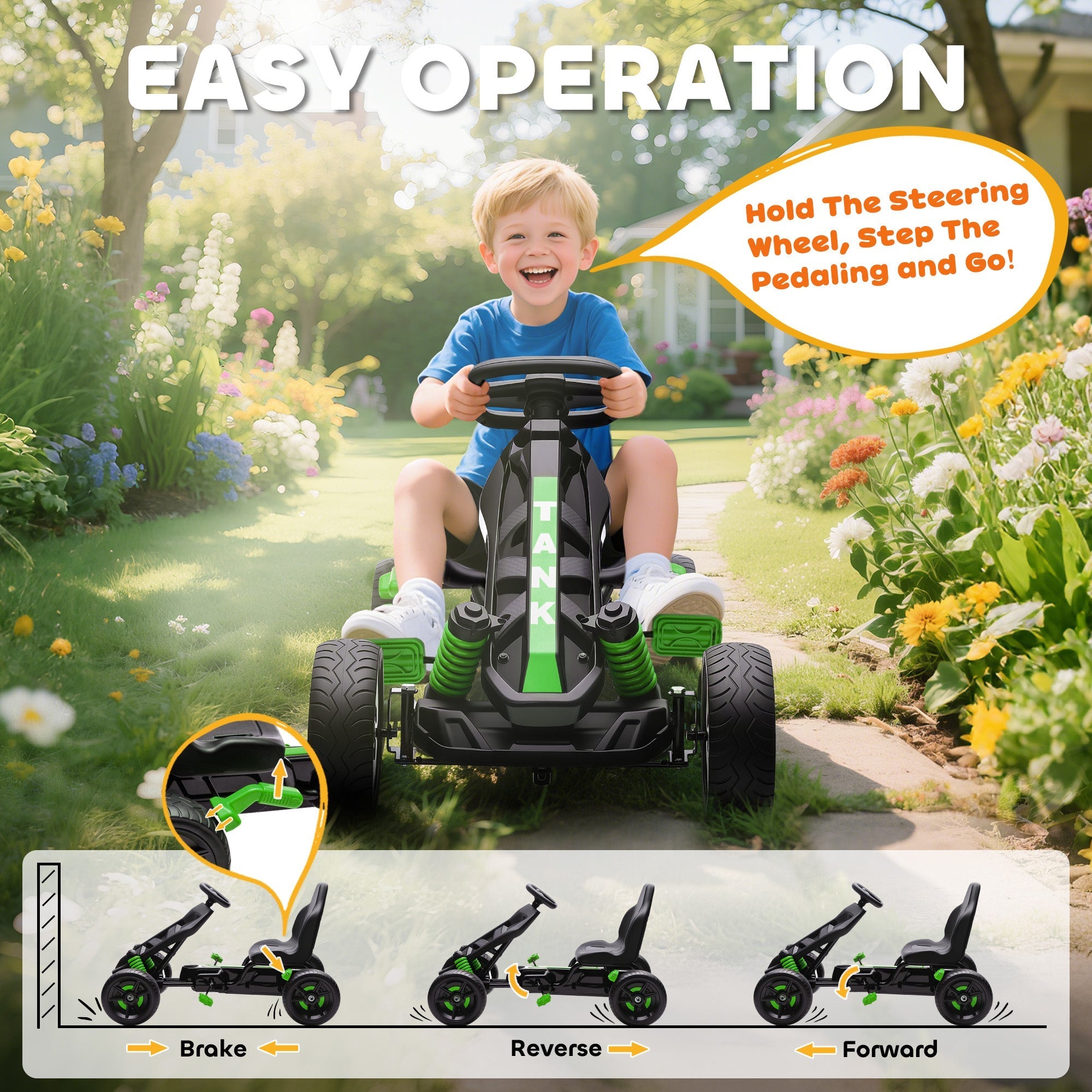 AIYAPLAY Pedal Go Kart for Kids Aged 3-6 Years, with Freewheel System, Brake, EVA Anti-Slip Wheels, Green - SGP Garden Ltd