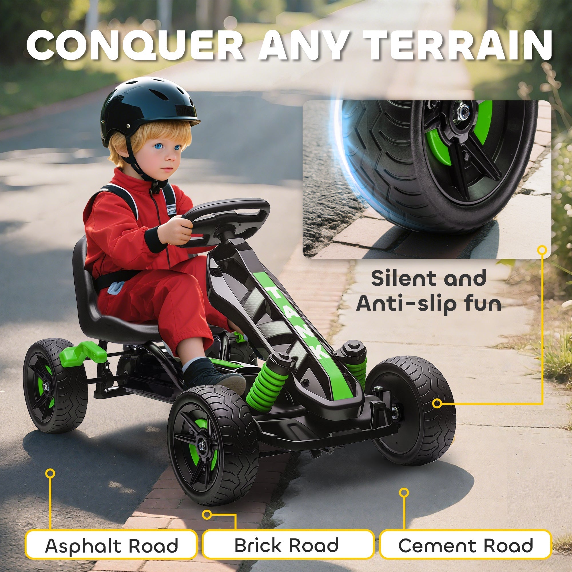 AIYAPLAY Pedal Go Kart for Kids Aged 3-6 Years, with Freewheel System, Brake, EVA Anti-Slip Wheels, Green - SGP Garden Ltd