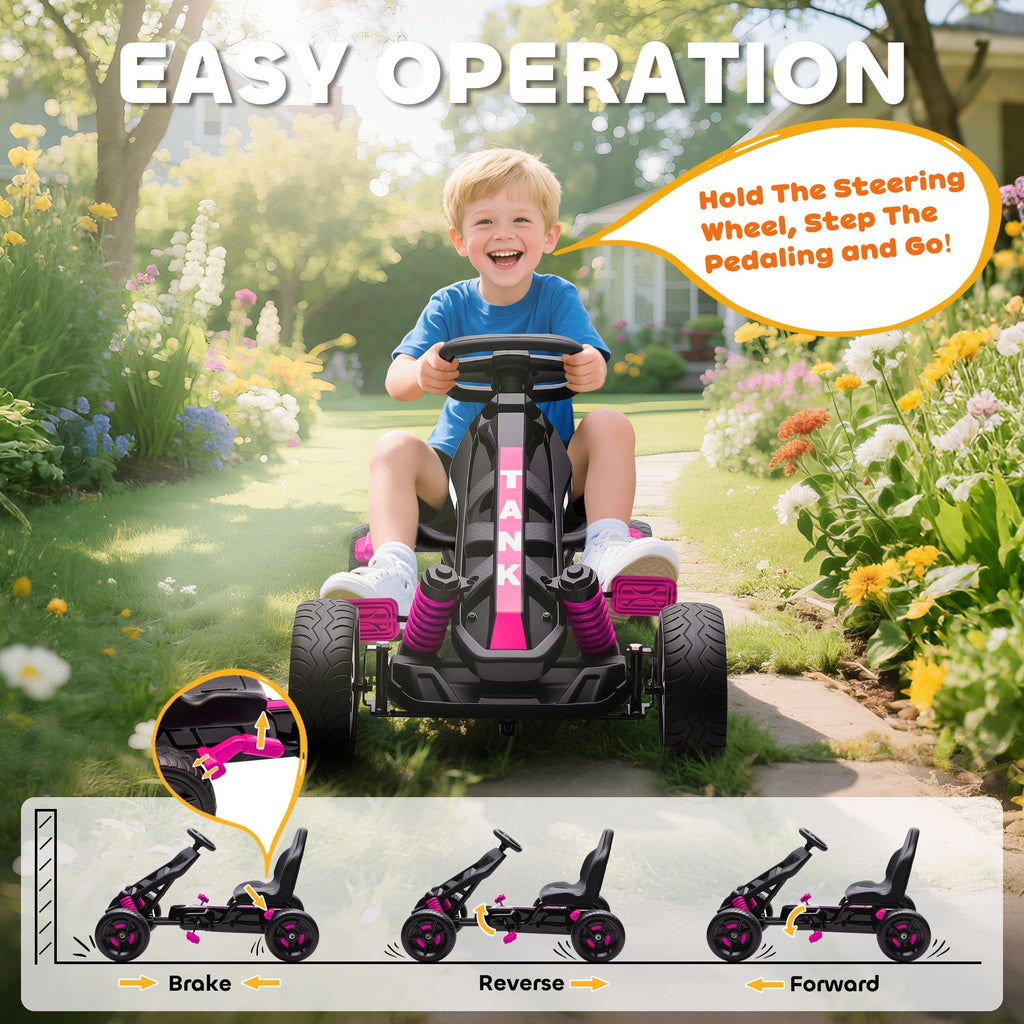 AIYAPLAY Pedal Go Kart for Kids Aged 3-6 Years, with Freewheel System, Brake, EVA Anti-Slip Wheels, Pink - SGP Garden Ltd