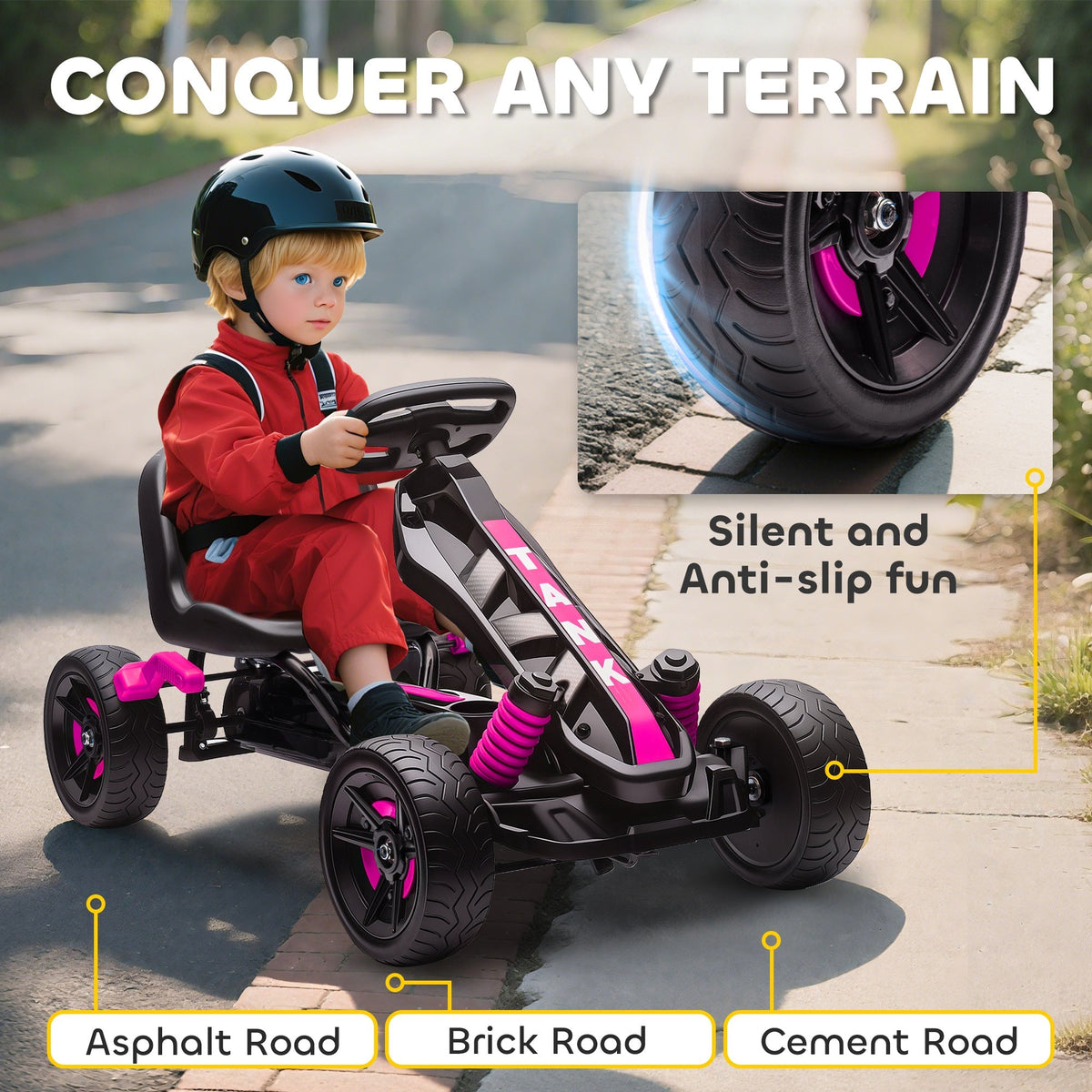 AIYAPLAY Pedal Go Kart for Kids Aged 3-6 Years, with Freewheel System, Brake, EVA Anti-Slip Wheels, Pink - SGP Garden Ltd