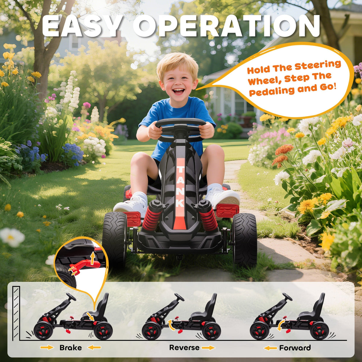 AIYAPLAY Pedal Go Kart for Kids Aged 3-6 Years, with Freewheel System, Brake, EVA Anti-Slip Wheels, Red - SGP Garden Ltd
