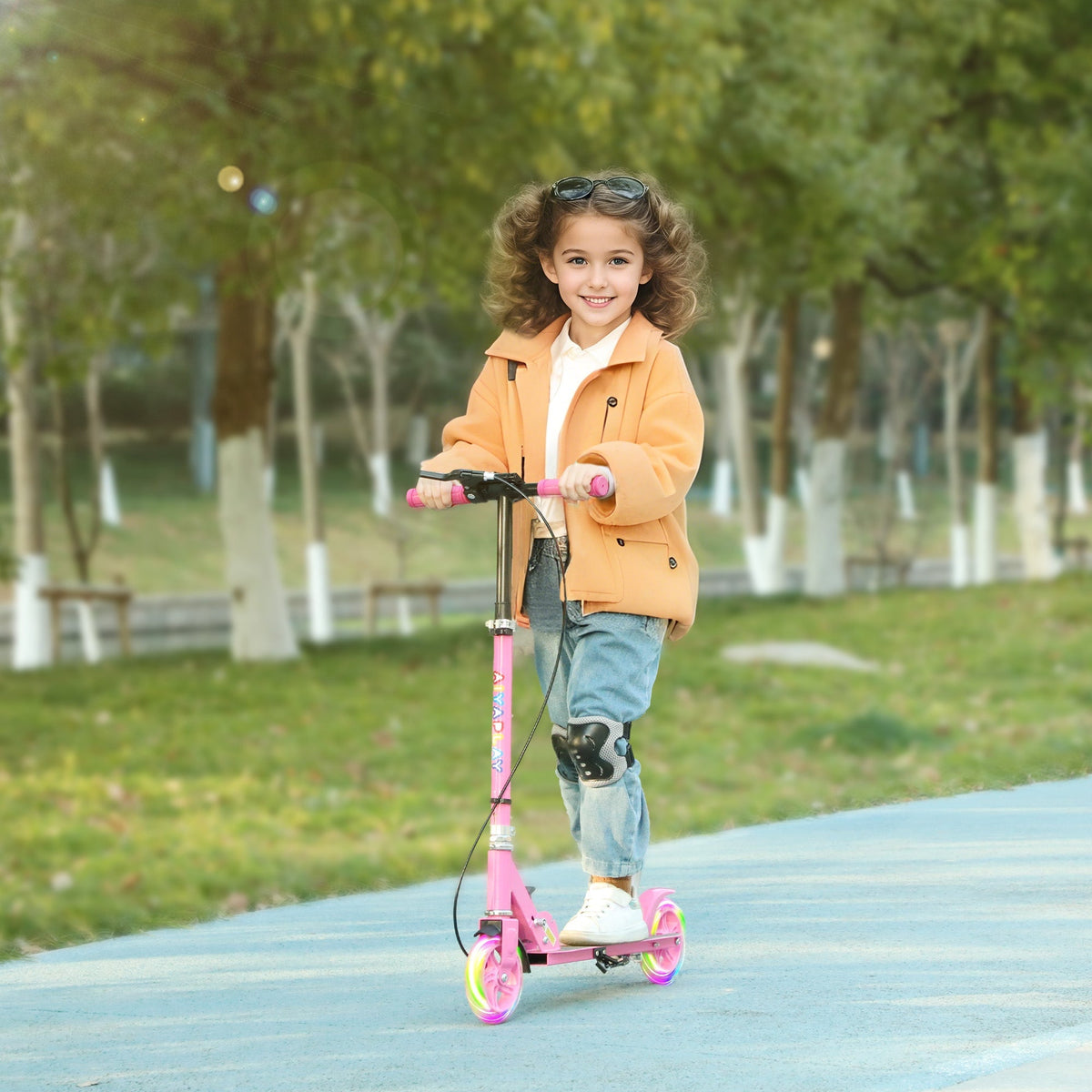 AIYAPLAY Scooter for Kids Ages 3-8 with Adjustable Handle, 2 Light up Wheels, Handbrake & Rear Brake for Girls and Boys, Pink - SGP Garden Ltd