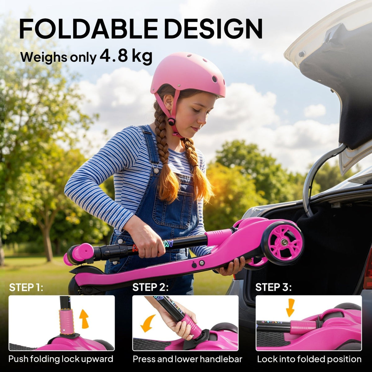 AIYAPLAY Three-Wheel Foldable Electric Scooter for Kids Aged 6-10 Years, Pink - SGP Garden Ltd