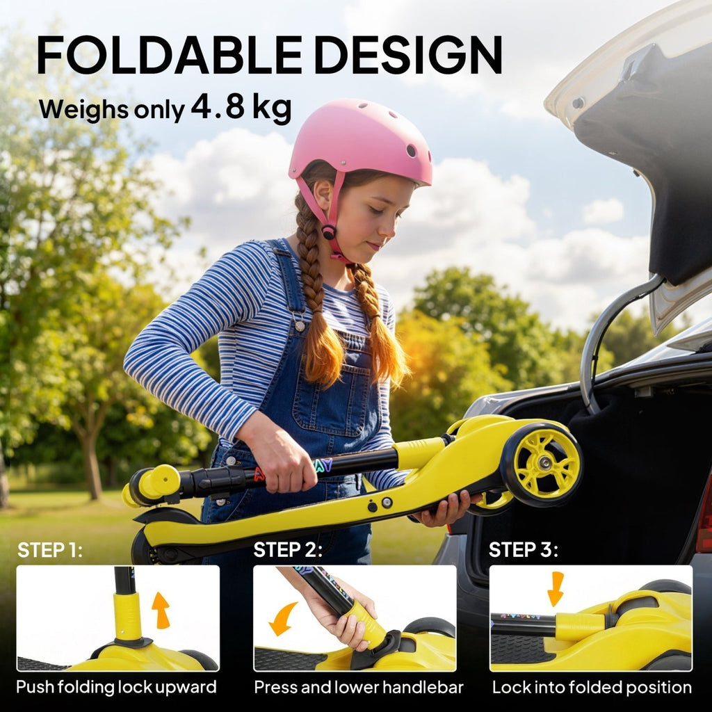 AIYAPLAY Three-Wheel Foldable Electric Scooter for Kids Aged 6-10 Years, Yellow - SGP Garden Ltd