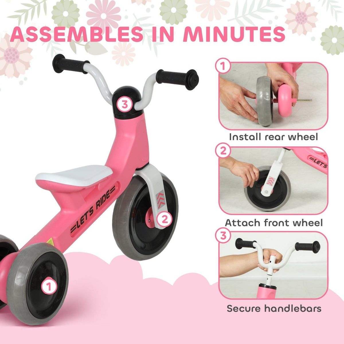 AIYAPLAY Toddler Balance Bike with No Pedal, 3 Silence Wheels for 12-36 Months Boys and Girls, Indoor Outdoor, Pink - SGP Garden Ltd