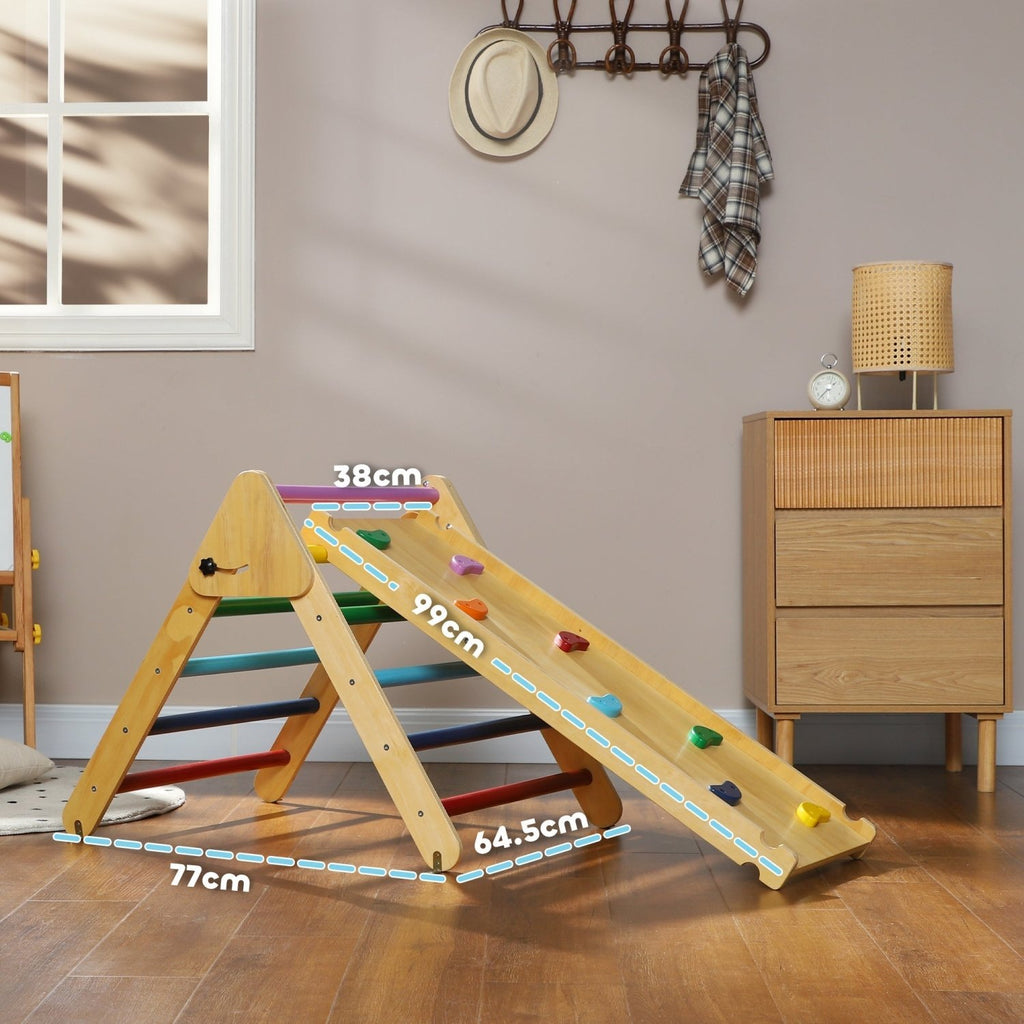 AIYAPLAY Toddler Climbing Frame for Kids, with Ramp, 3-in-1 Wooden Pikler Triangle Set for 18-48 Months, Multicolour - SGP Garden Ltd