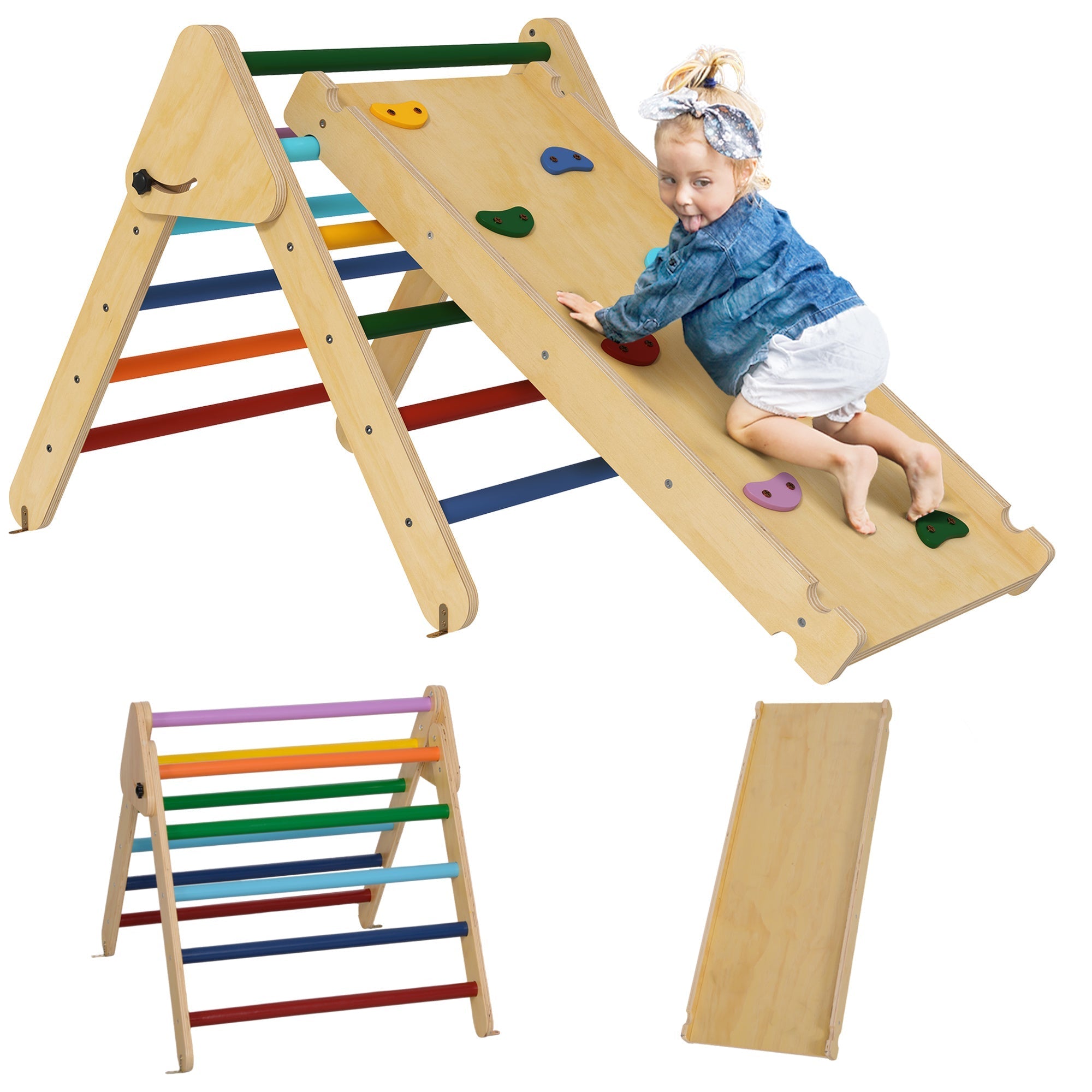 AIYAPLAY Toddler Climbing Frame for Kids, with Ramp, 3-in-1 Wooden Pikler Triangle Set for 18-48 Months, Multicolour - SGP Garden Ltd