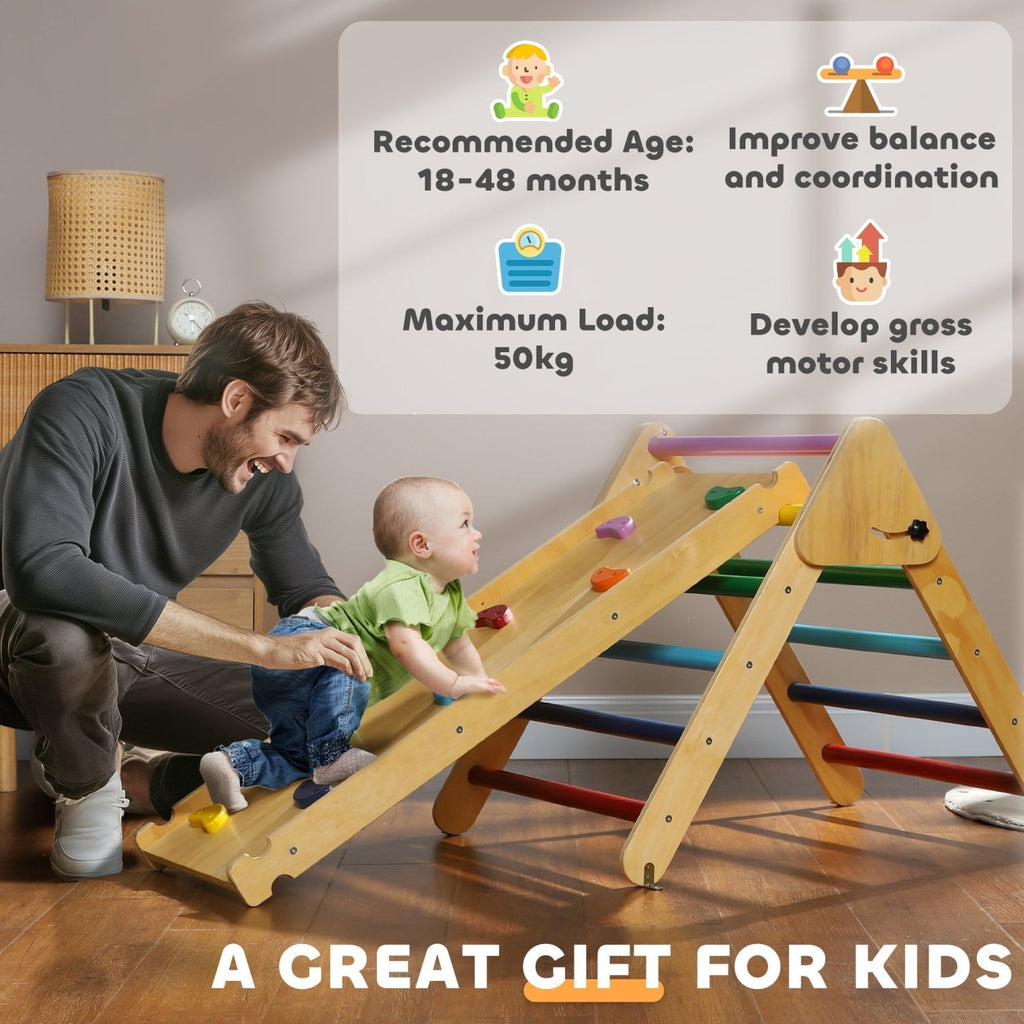 AIYAPLAY Toddler Climbing Frame for Kids, with Ramp, 3-in-1 Wooden Pikler Triangle Set for 18-48 Months, Multicolour - SGP Garden Ltd