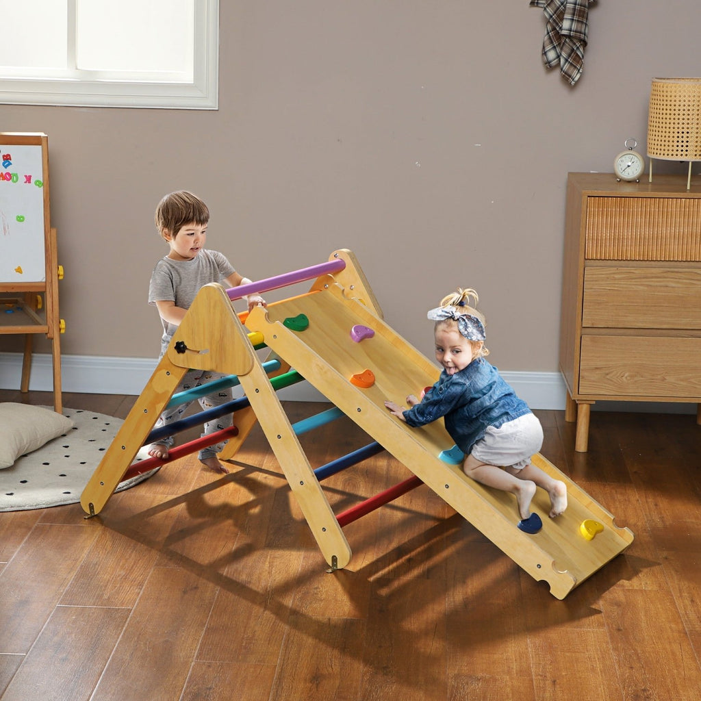AIYAPLAY Toddler Climbing Frame for Kids, with Ramp, 3-in-1 Wooden Pikler Triangle Set for 18-48 Months, Multicolour - SGP Garden Ltd