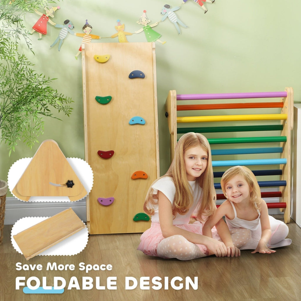 AIYAPLAY Toddler Climbing Frame for Kids, with Ramp, 3-in-1 Wooden Pikler Triangle Set for 18-48 Months, Multicolour - SGP Garden Ltd