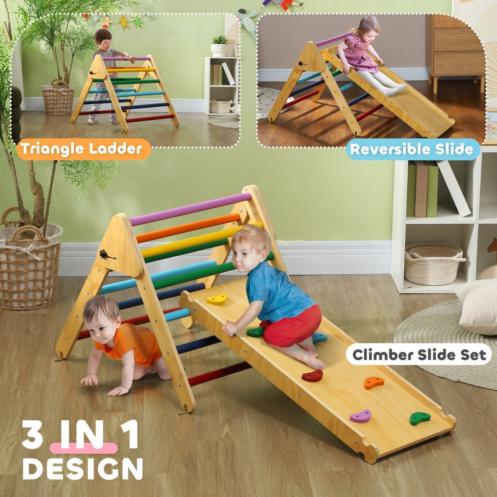 AIYAPLAY Toddler Climbing Frame for Kids, with Ramp, 3-in-1 Wooden Pikler Triangle Set for 18-48 Months, Multicolour - SGP Garden Ltd