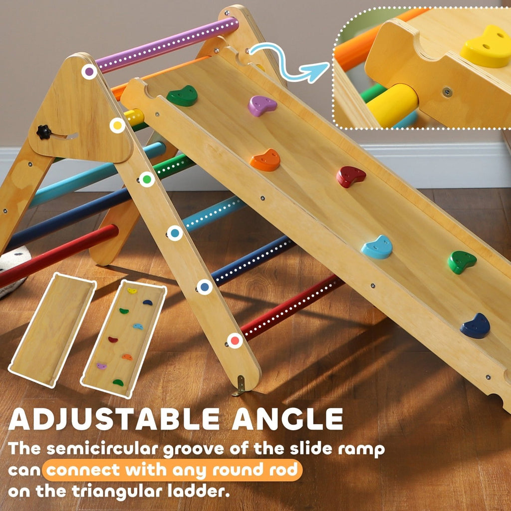 AIYAPLAY Toddler Climbing Frame for Kids, with Ramp, 3-in-1 Wooden Pikler Triangle Set for 18-48 Months, Multicolour - SGP Garden Ltd