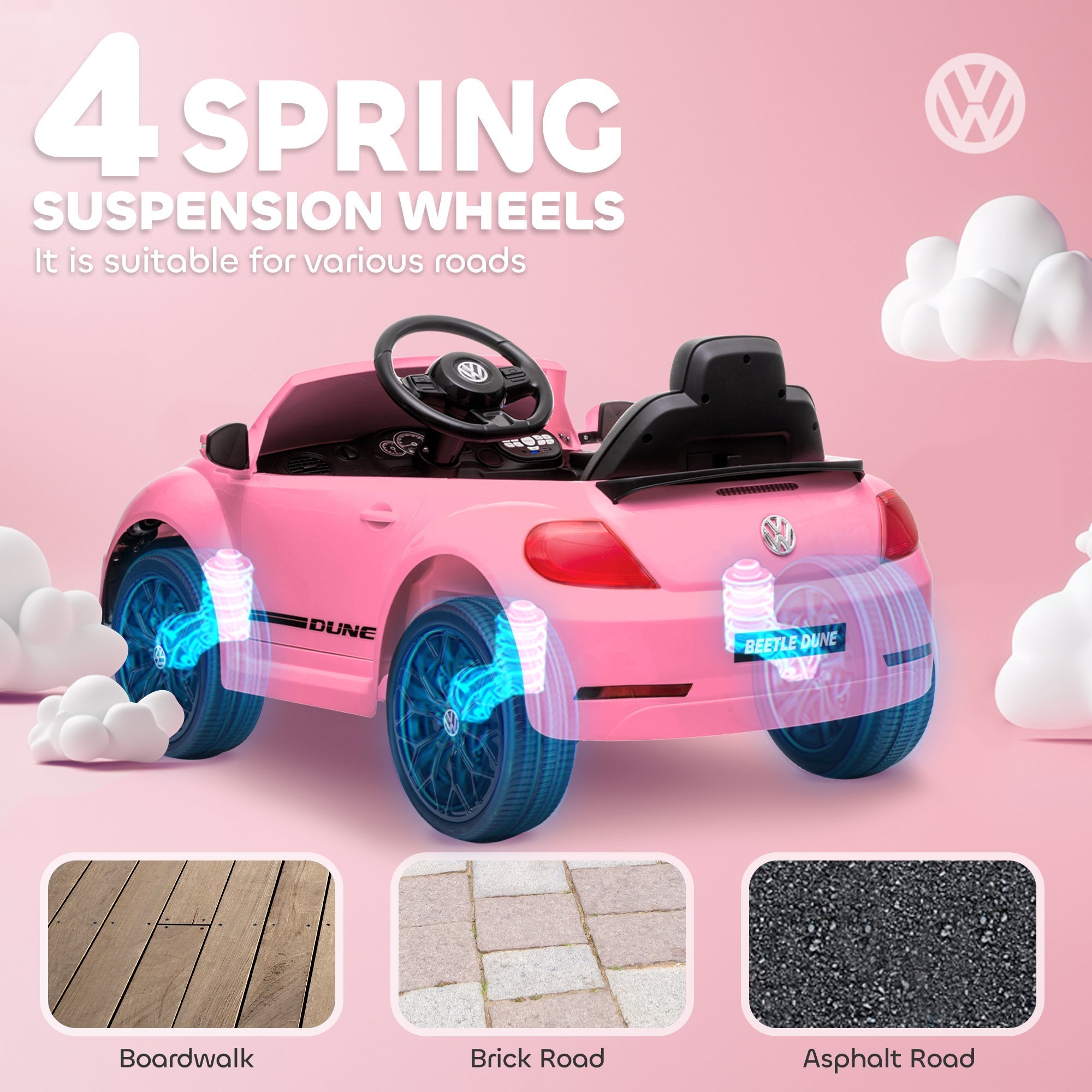 AIYAPLAY Volkswagen Beetle Licensed 12V Ride on Car w/ Remote Control, Suspension Wheels, Soft Start, Lights, Music, Pink - SGP Garden Ltd