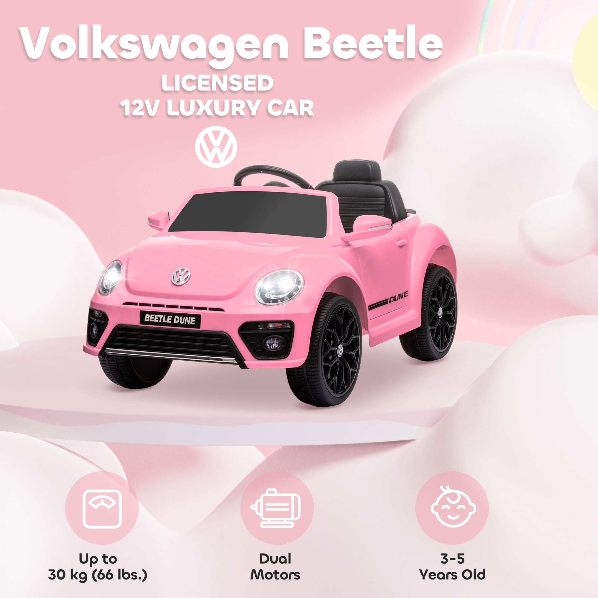 AIYAPLAY Volkswagen Beetle Licensed 12V Ride on Car w/ Remote Control, Suspension Wheels, Soft Start, Lights, Music, Pink - SGP Garden Ltd