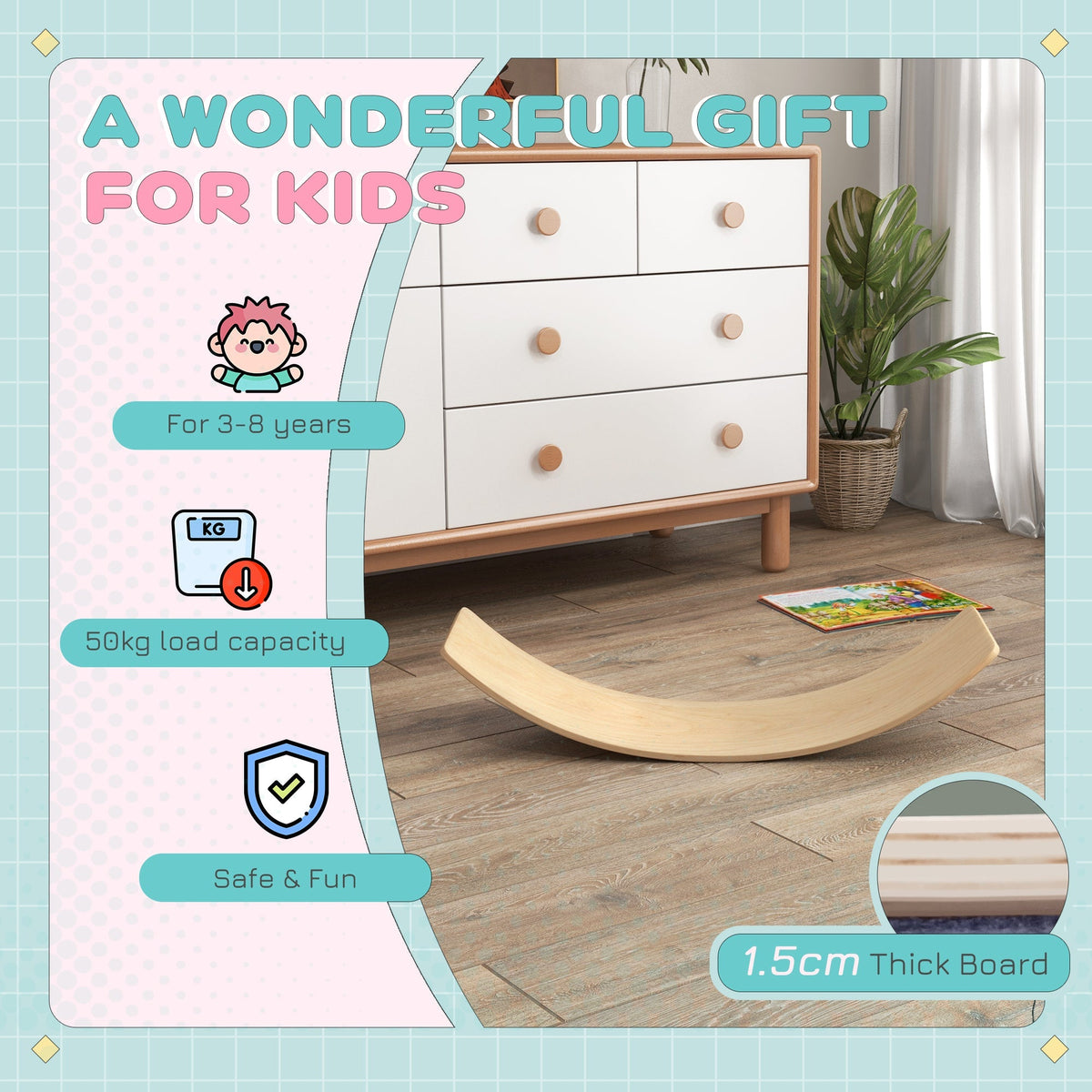 AIYAPLAY Wooden Balance Board for Children 3-8 Years Old, Natural Tone - SGP Garden Ltd