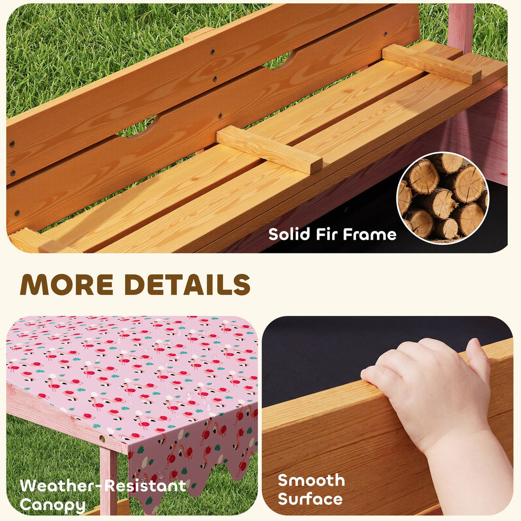 AIYAPLAY Wooden Sandbox with Lid, Flamingos Print Canopy, Kids Outdoor Sand Pit with Foldable Bench Seats, Bottom Liner, Pink - SGP Garden Ltd