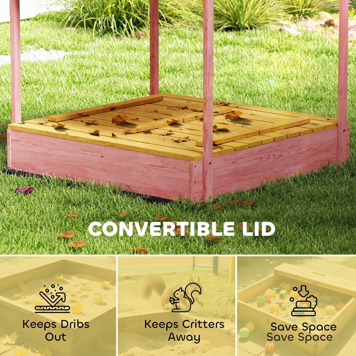 AIYAPLAY Wooden Sandbox with Lid, Flamingos Print Canopy, Kids Outdoor Sand Pit with Foldable Bench Seats, Bottom Liner, Pink - SGP Garden Ltd