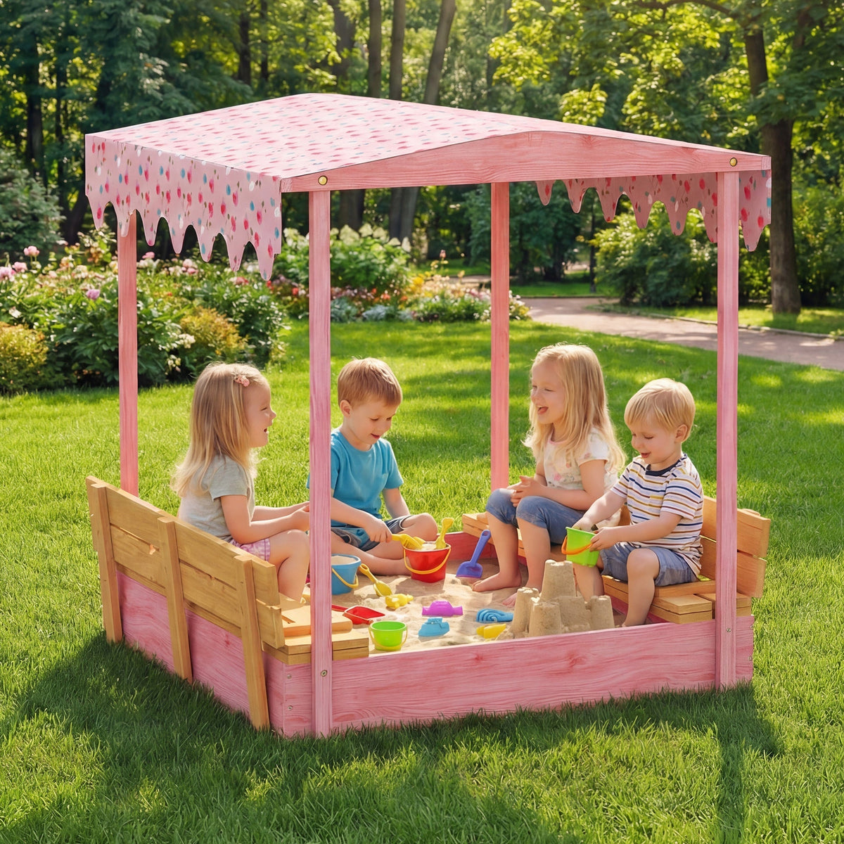 AIYAPLAY Wooden Sandbox with Lid, Flamingos Print Canopy, Kids Outdoor Sand Pit with Foldable Bench Seats, Bottom Liner, Pink - SGP Garden Ltd