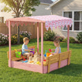 AIYAPLAY Wooden Sandbox with Lid, Flamingos Print Canopy, Kids Outdoor Sand Pit with Foldable Bench Seats, Bottom Liner, Pink - SGP Garden Ltd