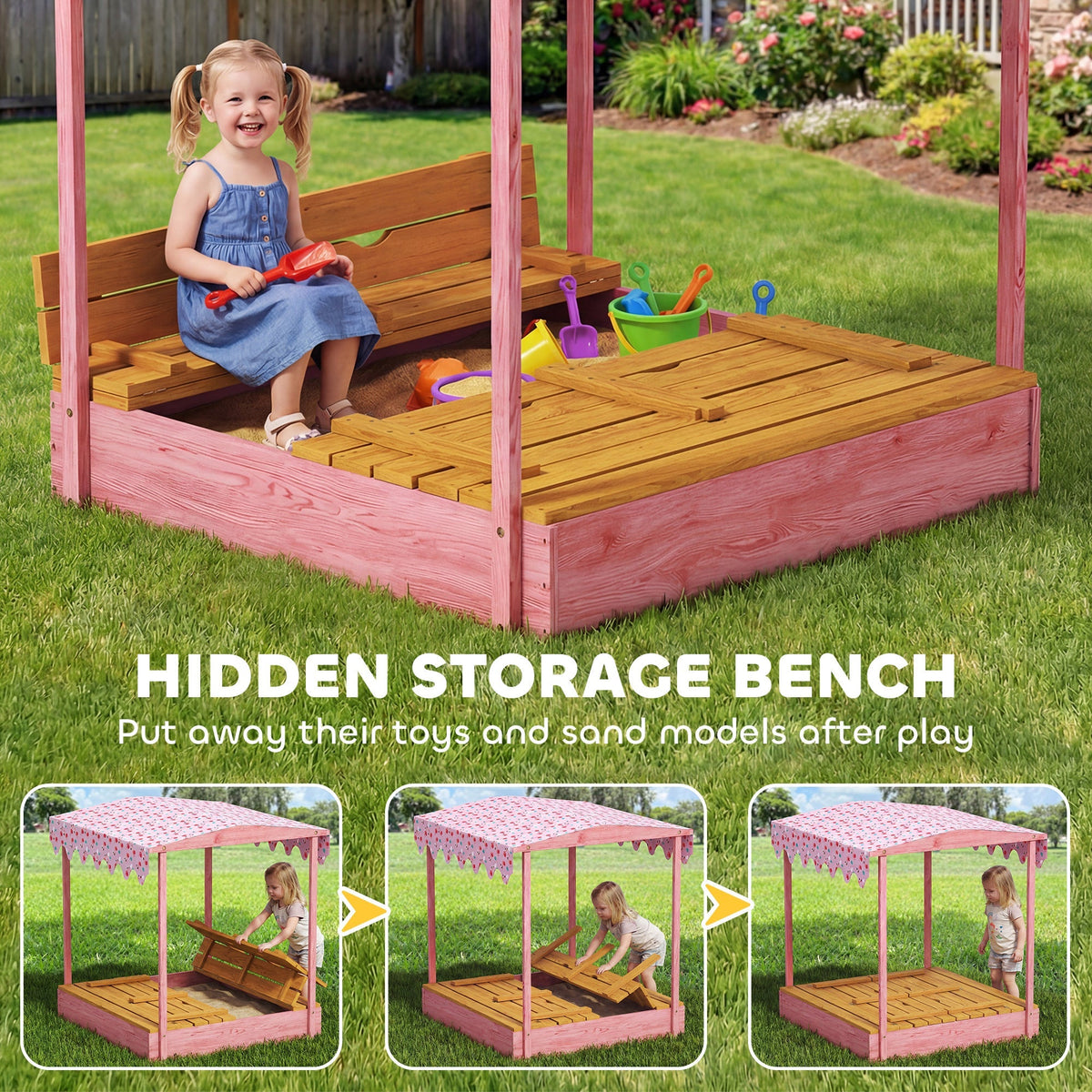 AIYAPLAY Wooden Sandbox with Lid, Flamingos Print Canopy, Kids Outdoor Sand Pit with Foldable Bench Seats, Bottom Liner, Pink - SGP Garden Ltd