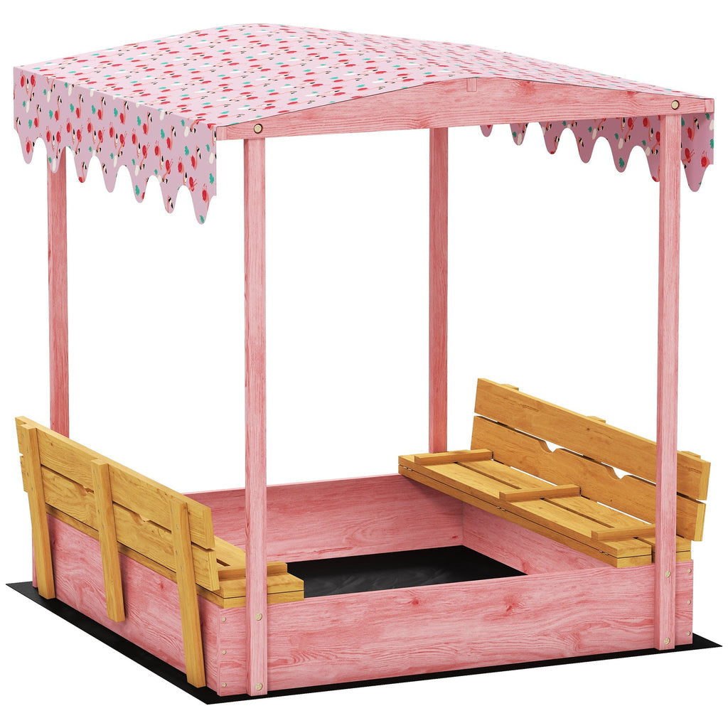 AIYAPLAY Wooden Sandbox with Lid, Flamingos Print Canopy, Kids Outdoor Sand Pit with Foldable Bench Seats, Bottom Liner, Pink - SGP Garden Ltd