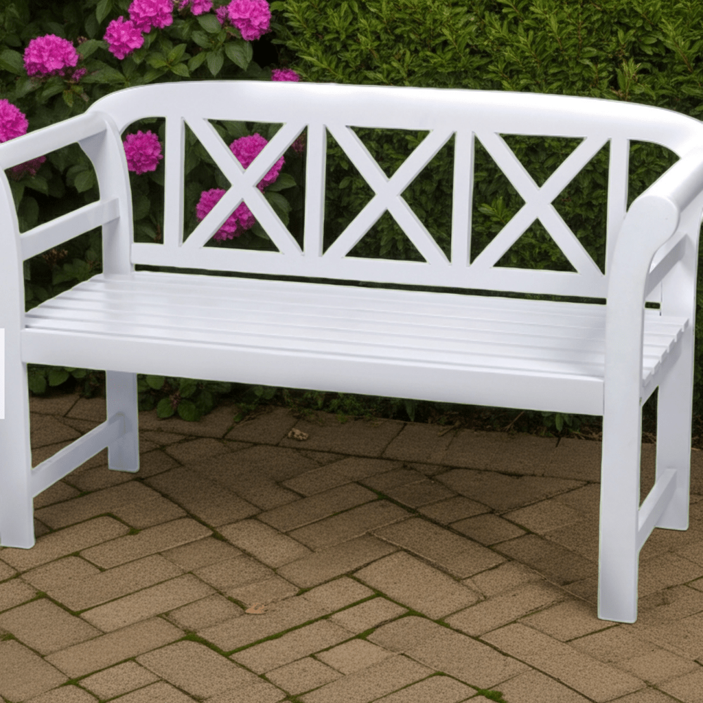 Bewdley 2-Seater Garden Bench – Solid Acacia Hardwood, Pearl White PU Painted Finish - SGP Garden Ltd