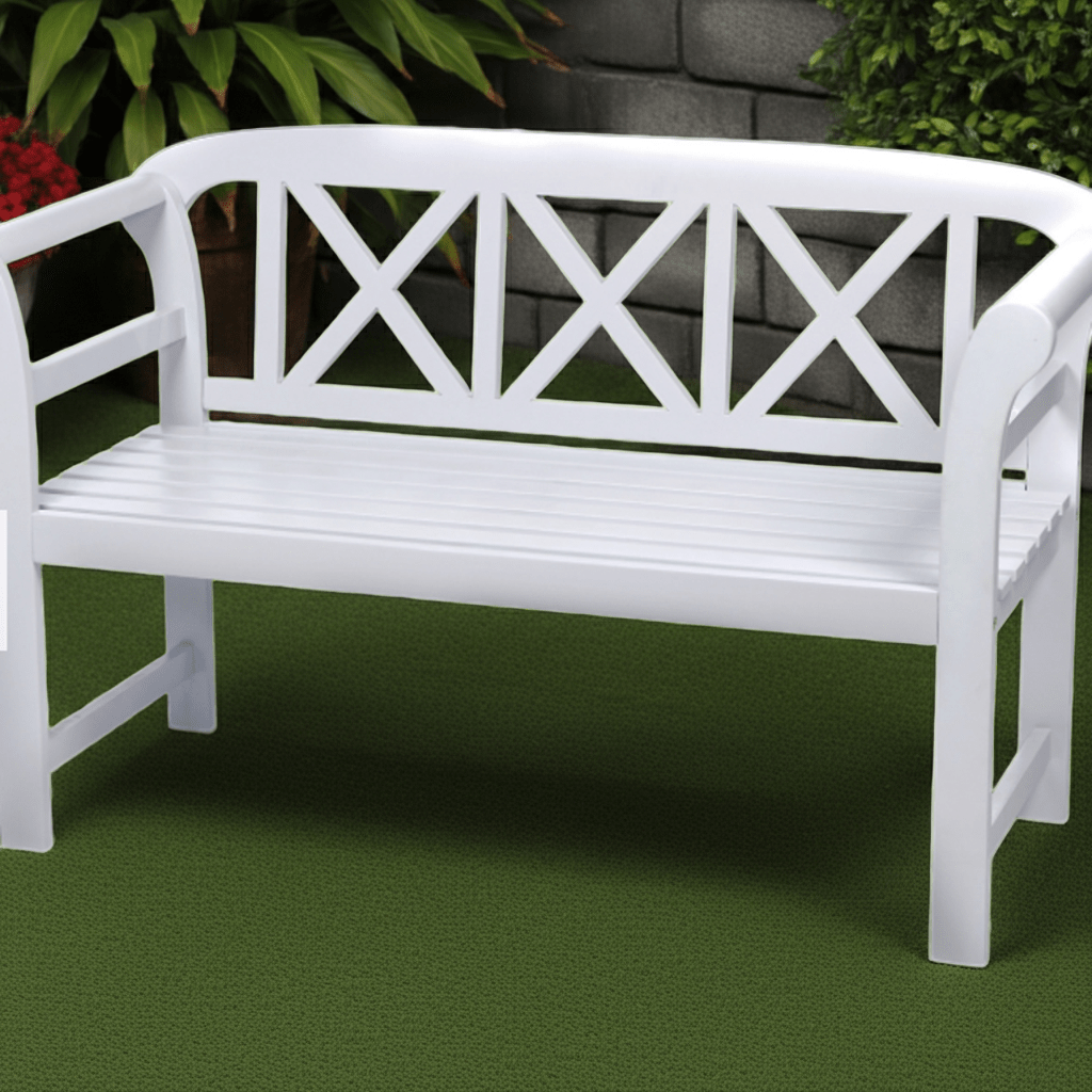 Bewdley 2-Seater Garden Bench – Solid Acacia Hardwood, Pearl White PU Painted Finish - SGP Garden Ltd