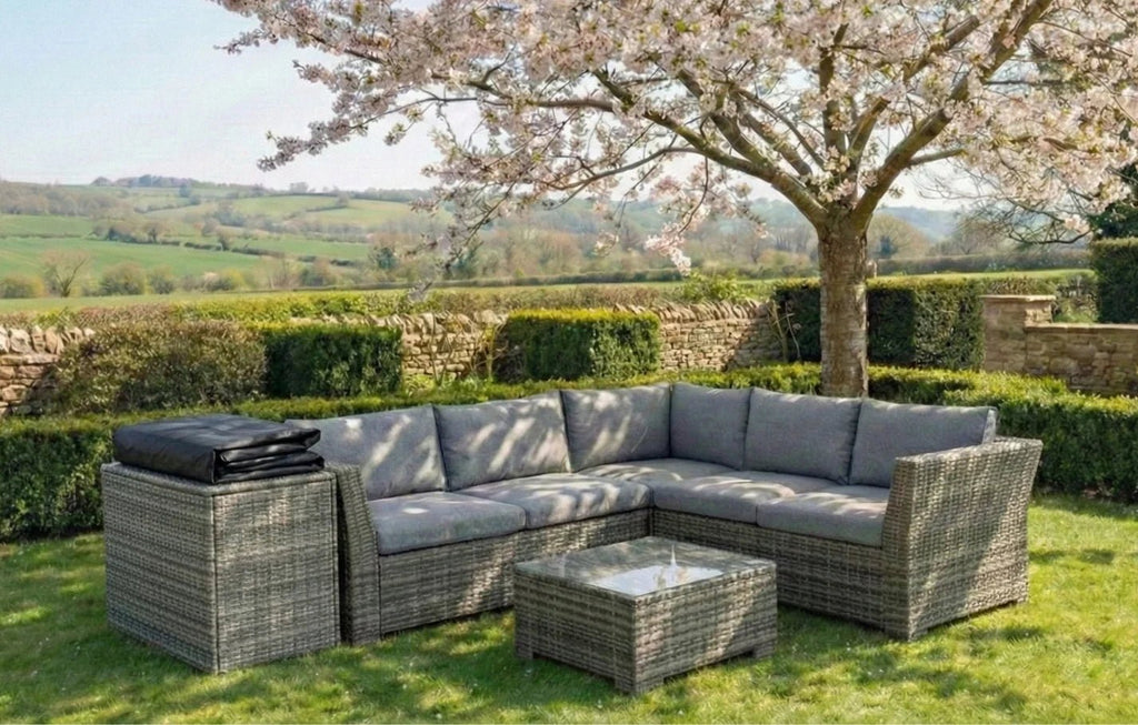 Chesterton Grey 5 Seater Corner Rattan Garden Sofa Lounge Set, Cover and Cushion Box Bundle - SGP Garden Ltd
