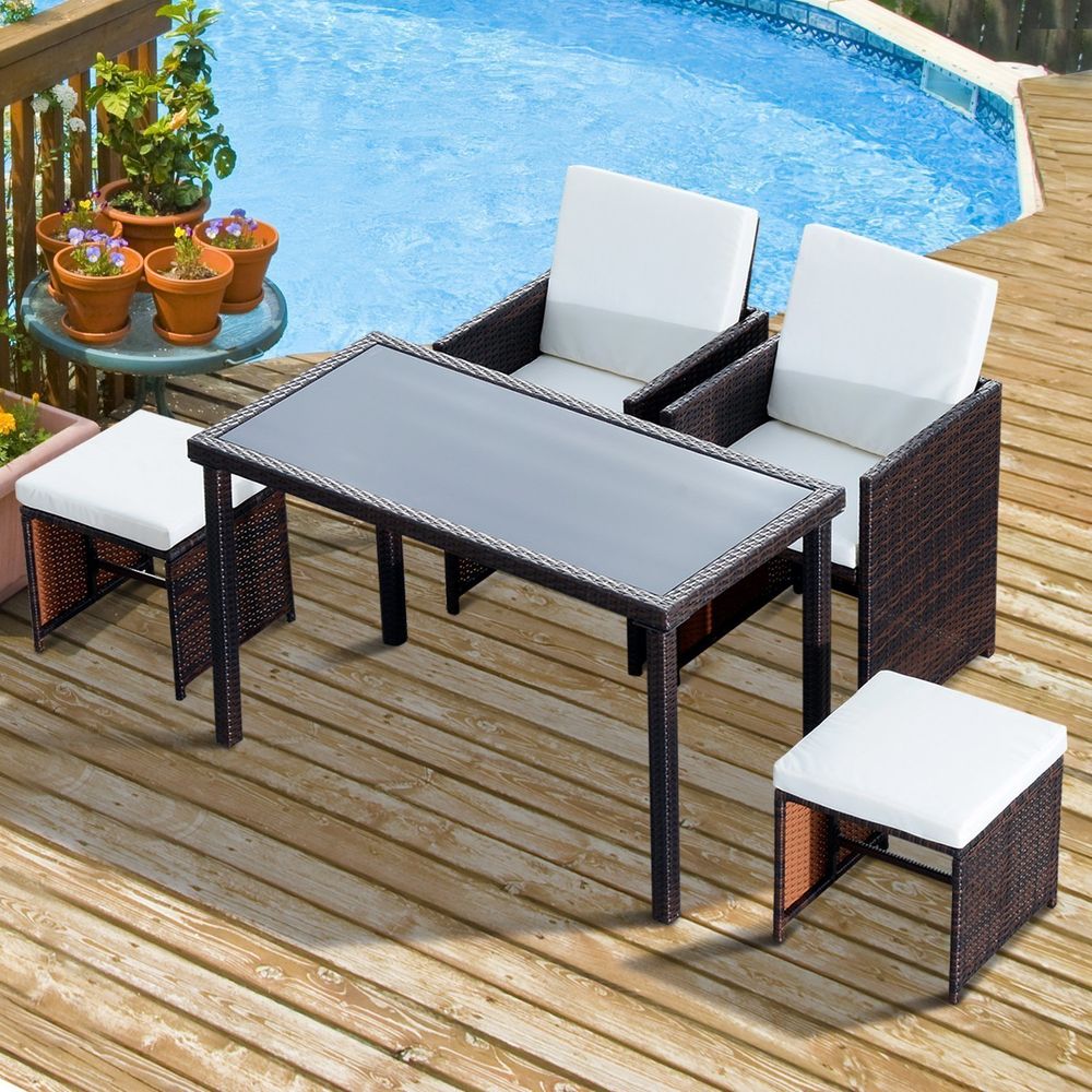Compact 5 PC Rattan Garden Furniture Set: Wicker Weave, Sofa, Dining, Table, Chair, Footrest - SGP Garden Ltd