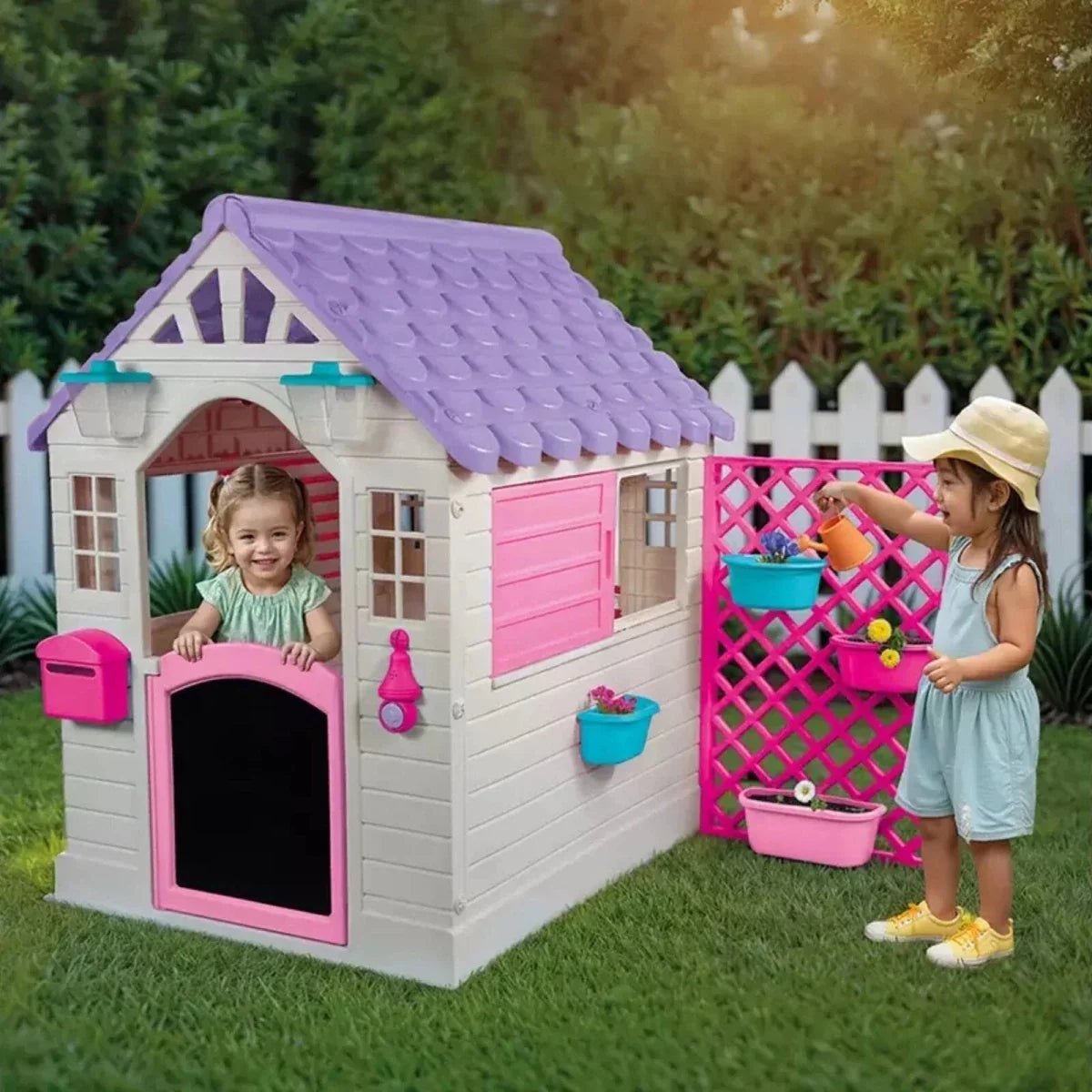 Dolu Deluxe Garden Playhouse with Fence – Pink - SGP Garden Ltd