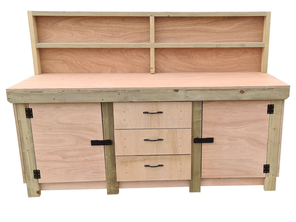 Eucalyptus top workbench with drawers and double lockable cupboard (V.8) with back panel - SGP Garden Ltd