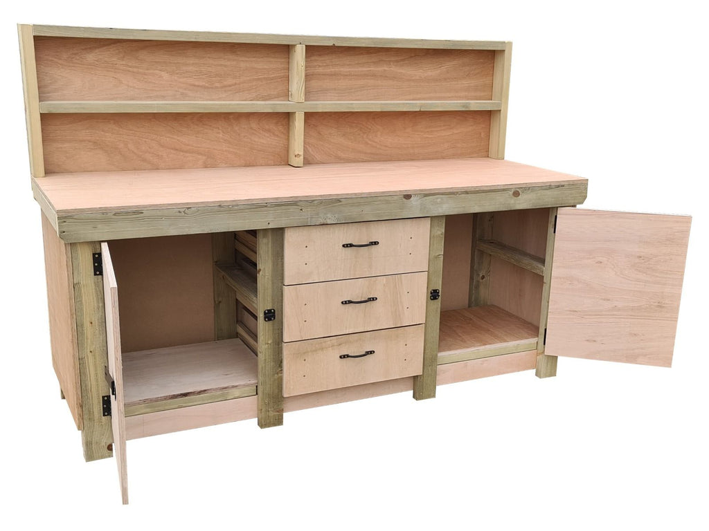 Eucalyptus top workbench with drawers and double lockable cupboard (V.8) with back panel - SGP Garden Ltd