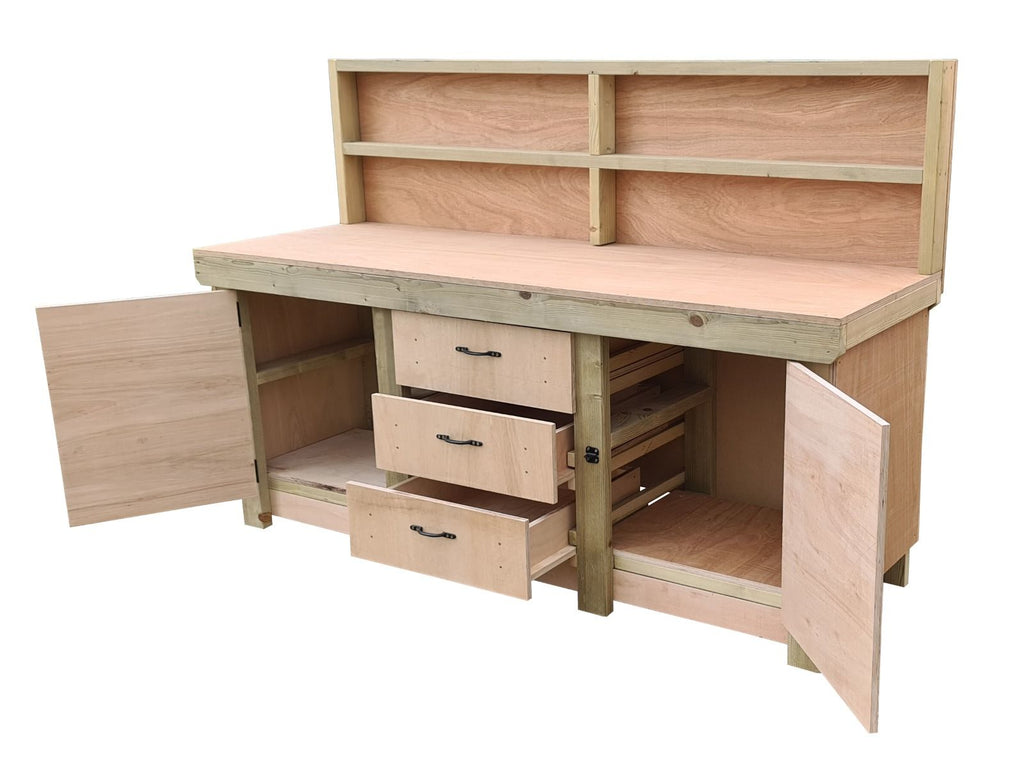 Eucalyptus top workbench with drawers and double lockable cupboard (V.8) with back panel - SGP Garden Ltd