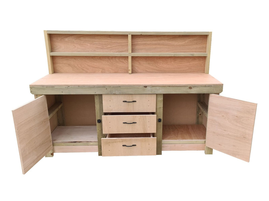 Eucalyptus top workbench with drawers and double lockable cupboard (V.8) with back panel - SGP Garden Ltd